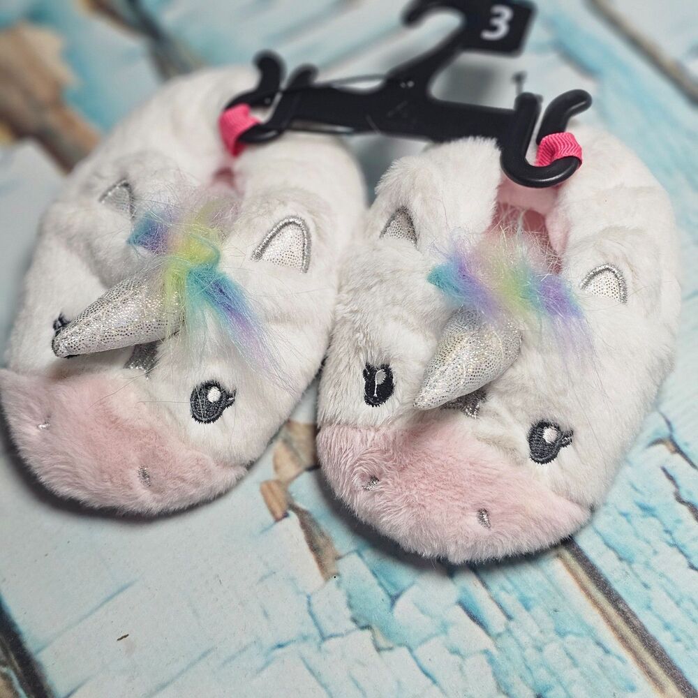 Girls Plush Unicorn Slippers Size 3 White Rainbow Mane Silver Horn New